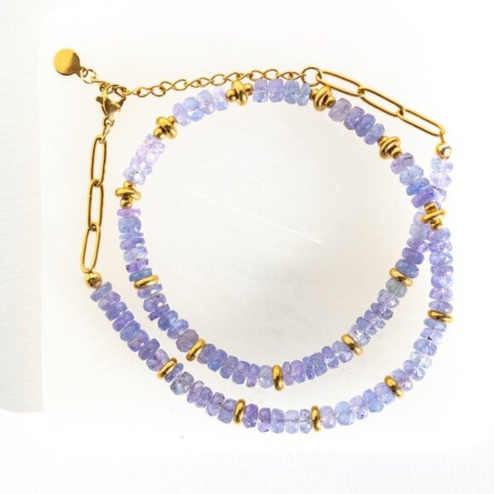 Tanzanite Beaded Necklace Purple Blue Gemstone Gold Waterproof Necklace - Picture 7 of 12